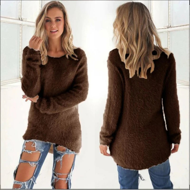 Women Cotton Warm Knitted Sweater Solid Color O Neck Loose Pullover Long Sweater Casual Oversize Blouse Ladies Hipster Clothing