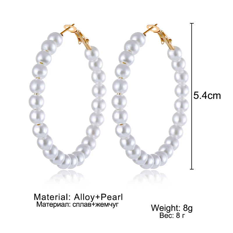 Fashion Korean Imitation Pearl Circle Hoop Earrings Women's Gold Color Round White Pearl Big Earrings Brincos Jewelry