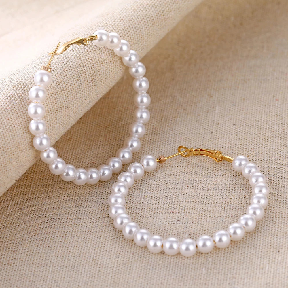 Fashion Korean Imitation Pearl Circle Hoop Earrings Women's Gold Color Round White Pearl Big Earrings Brincos Jewelry