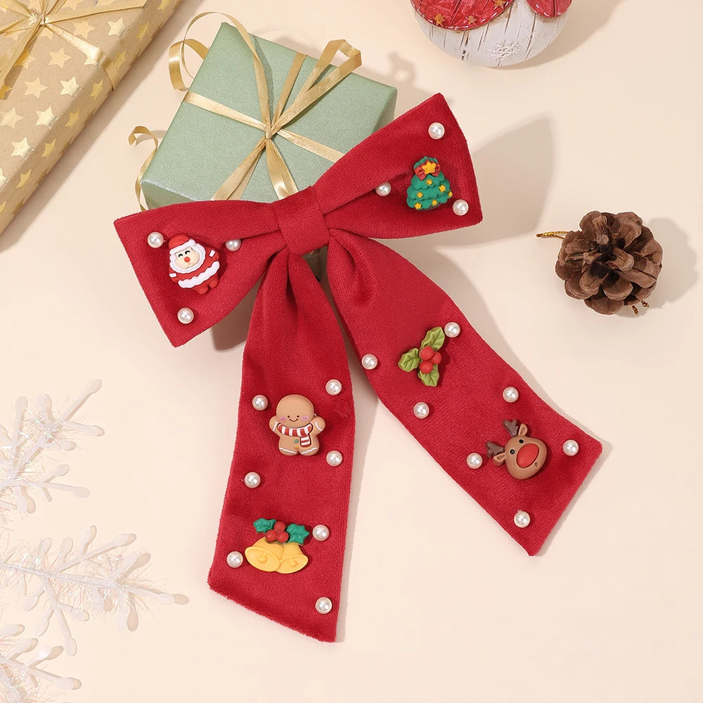 Kids Christmas Rhinestone Bow Hair Clip Cute Santa Claus Cartoon Reindeer Hairpins For Girls New Year Decor Accessories Gift
