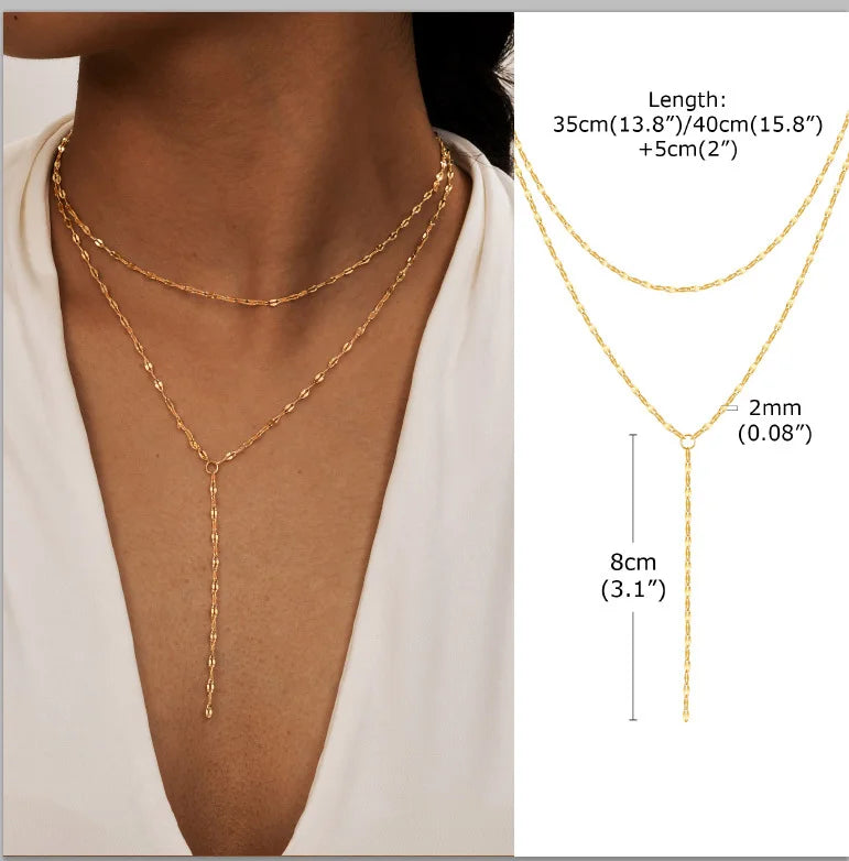 Gold Plated Lariat Necklace for Women, Double Laryered Long Chain Drop Pendant Choker Necklaces Fashion Gifts