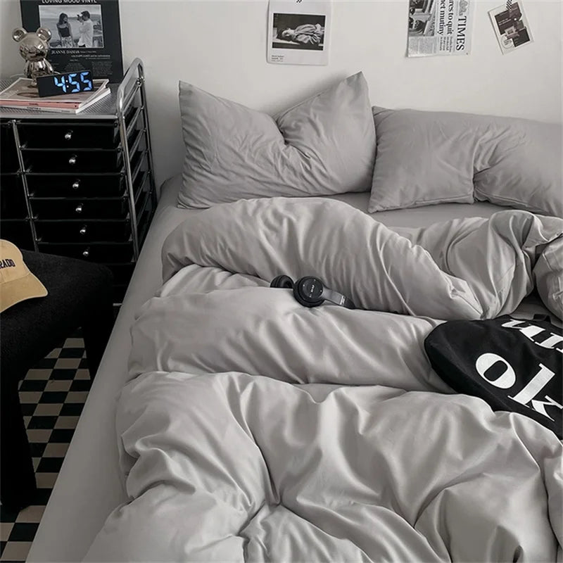 100% Cotton Bed Linen Bedding Set Washed Cotton Four Pieces Bed Sheet Set Comforter Sets Dolid Double Couple Bed Quilt Cover