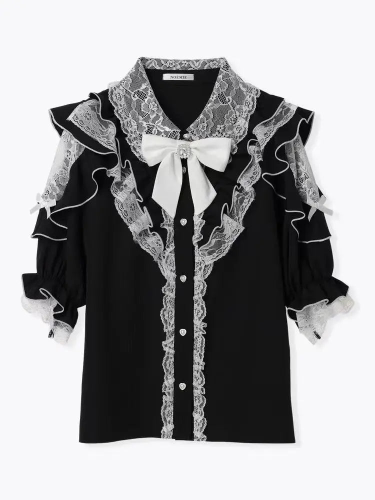 Noemi Inspired Ruffle Bow Top - Japanese Dark Femme Off-Shoulder Blouse, Lace Trim Bell Sleeve Shirt for Yami Kawaii & Lolita