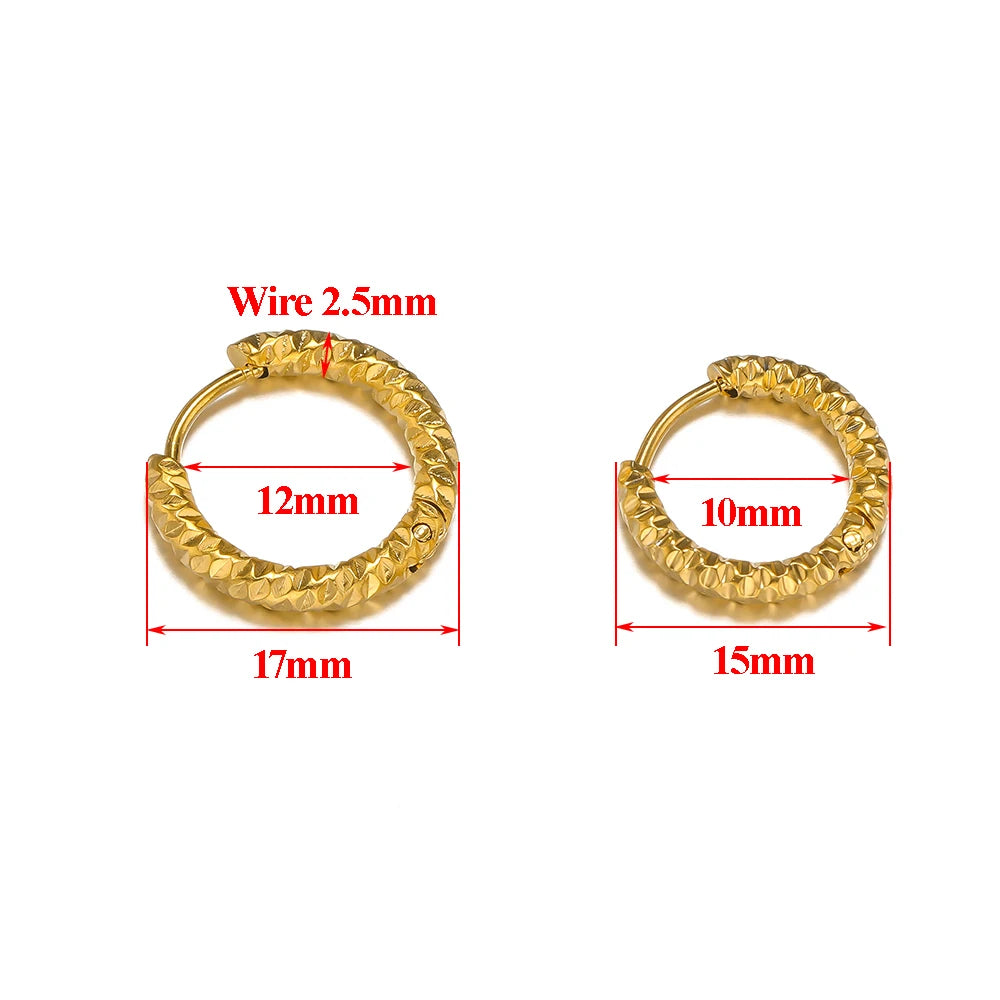 6pcs Stainless Steel Round Embossing Ear Rings PVD Gold Plated Korean Earrings Hoops Earring for Women Female Girls Metal Luxury