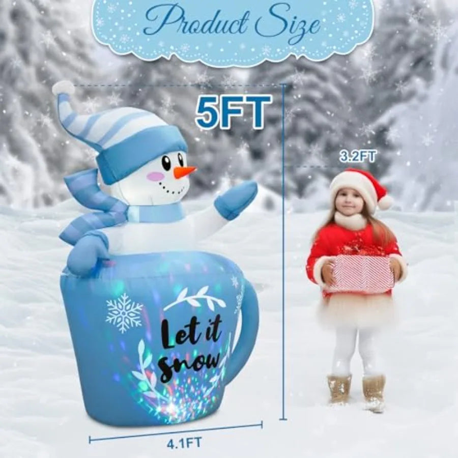 5FT Christmas Inflatable Snowman in Mug Adorable Blue Snowman Blow Up Awaiting the Snow Outdoor Winter Yard Lawn Decorations wi