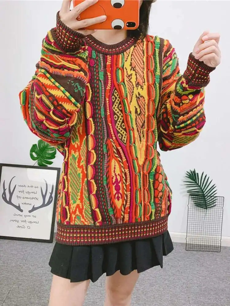 XFPV Sweet Stripe Long Sleeve Multicolor Oversized Pullover O Neck Sweater For Women Y2k Korean Fashion Tide Autumn 2025 SM114