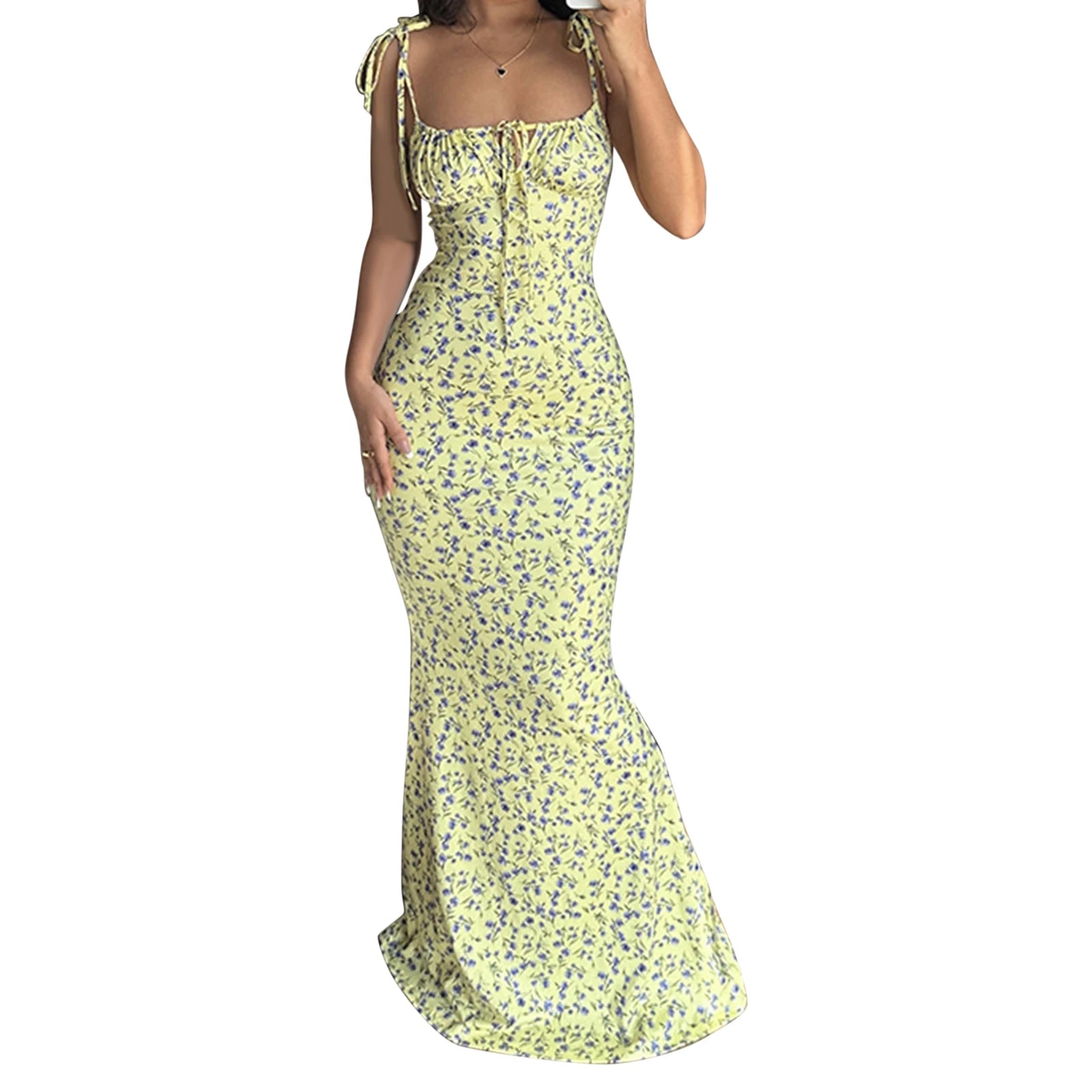 Elegant Floral Print Spaghetti Strap Dress with Drawstring Waist and  Fit Design Ideal for Summer and Spring Events