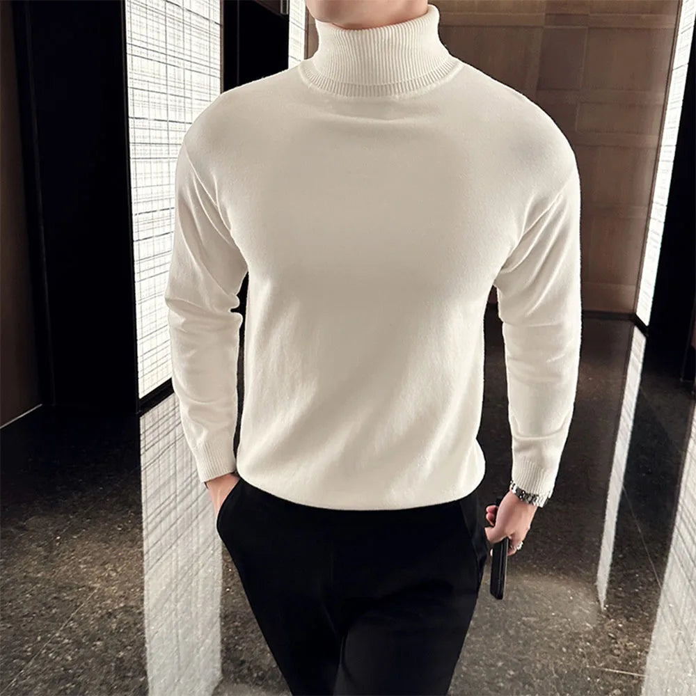 Korean Fashion Autumn Winter Sweaters Men Pullovers Fleece Turtleneck Knitted Sweatshirt Warm Bottoming Shirts