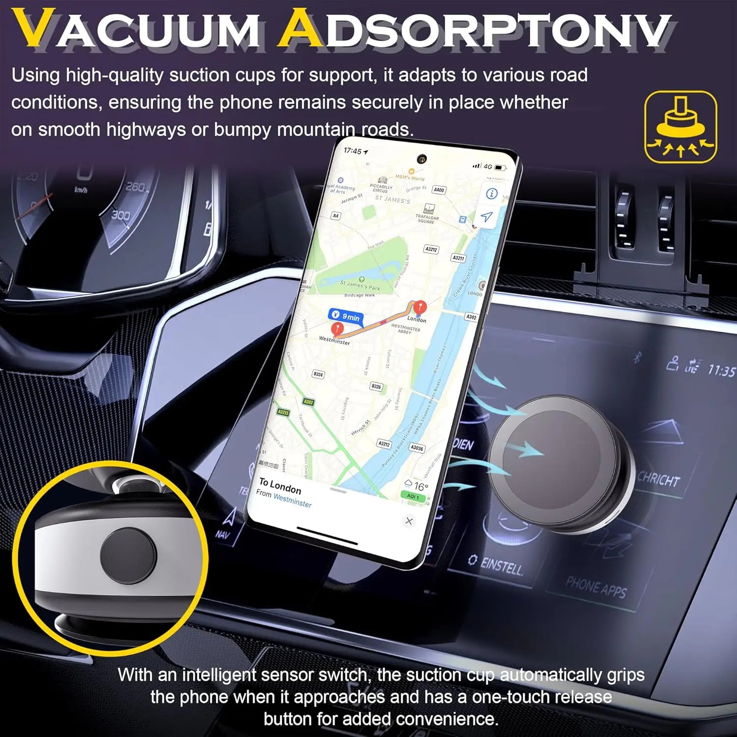 Electric Vacuum Magnetic Car Mount Stand for Cell Phone 360° Rotation Strong Suction Cup for iPhone 14 15 16 Hands-Free Holder