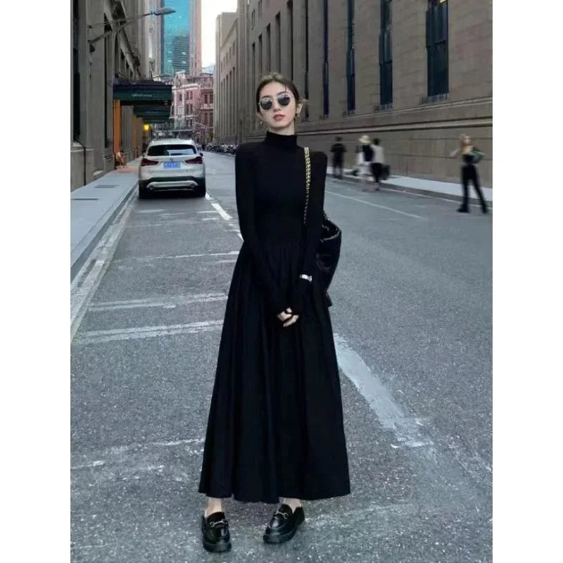 New French Style Temperament Women's High-Grade Black Dress Hepburn Style Gray Turtleneck Dress for Women Autumn Winter DF4964