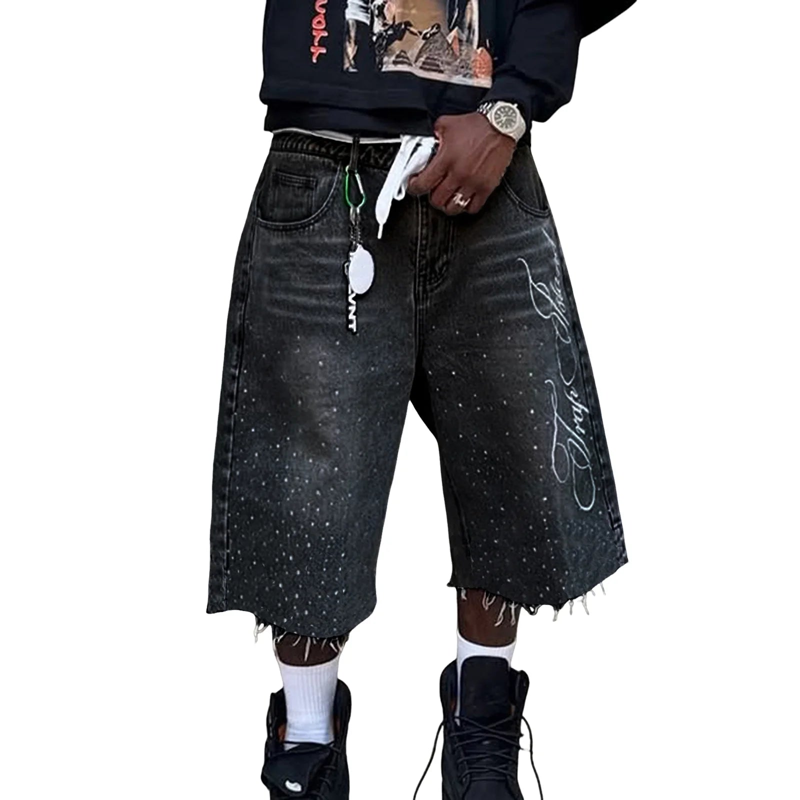 Men's Summer Casual Denim Shorts Knee Length Trendy Letter Embroidered Rhinestone Jeans Shorts Fashion Streetwear