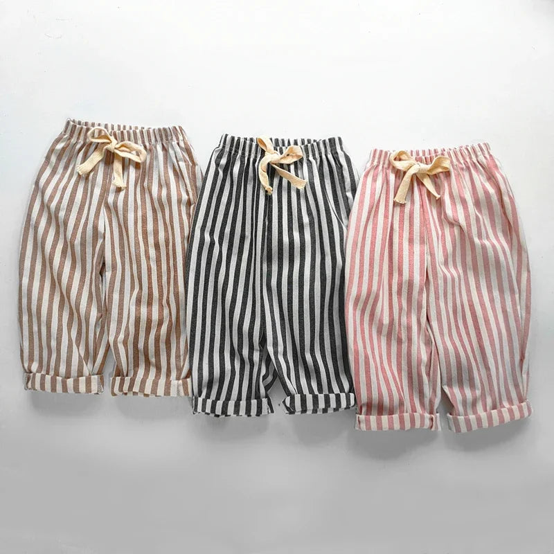 Children's Clothing Vintage Linen Cotton Stripe Pants Baby Boy Girl Casual Shorts Spring Summer Girls Loose Trousers and Shorts