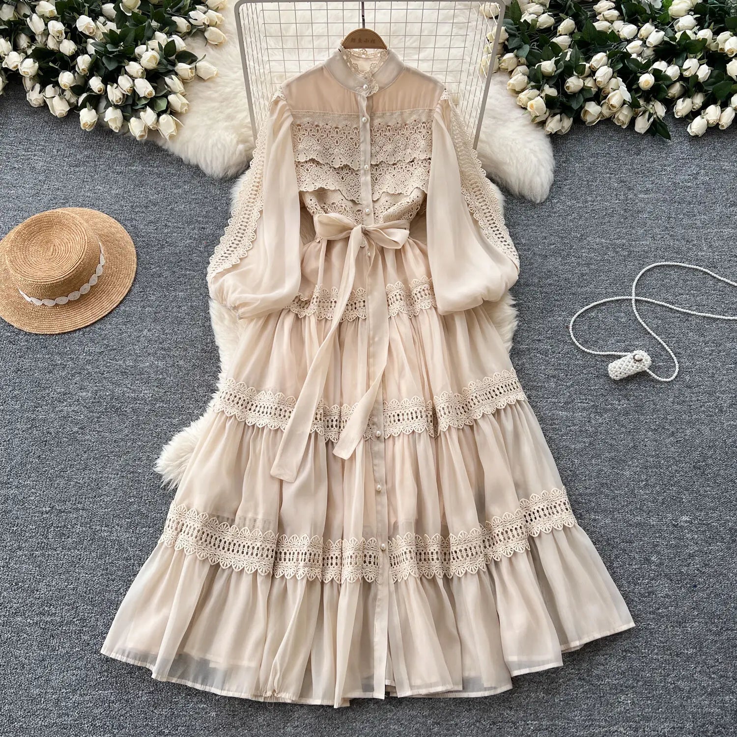 Elegant Hollow Out Organza Long Maxi Dresses Shirt Women Spring Summer Layer Ruffle Full Sleeve Pearl Evening Party Vestidos