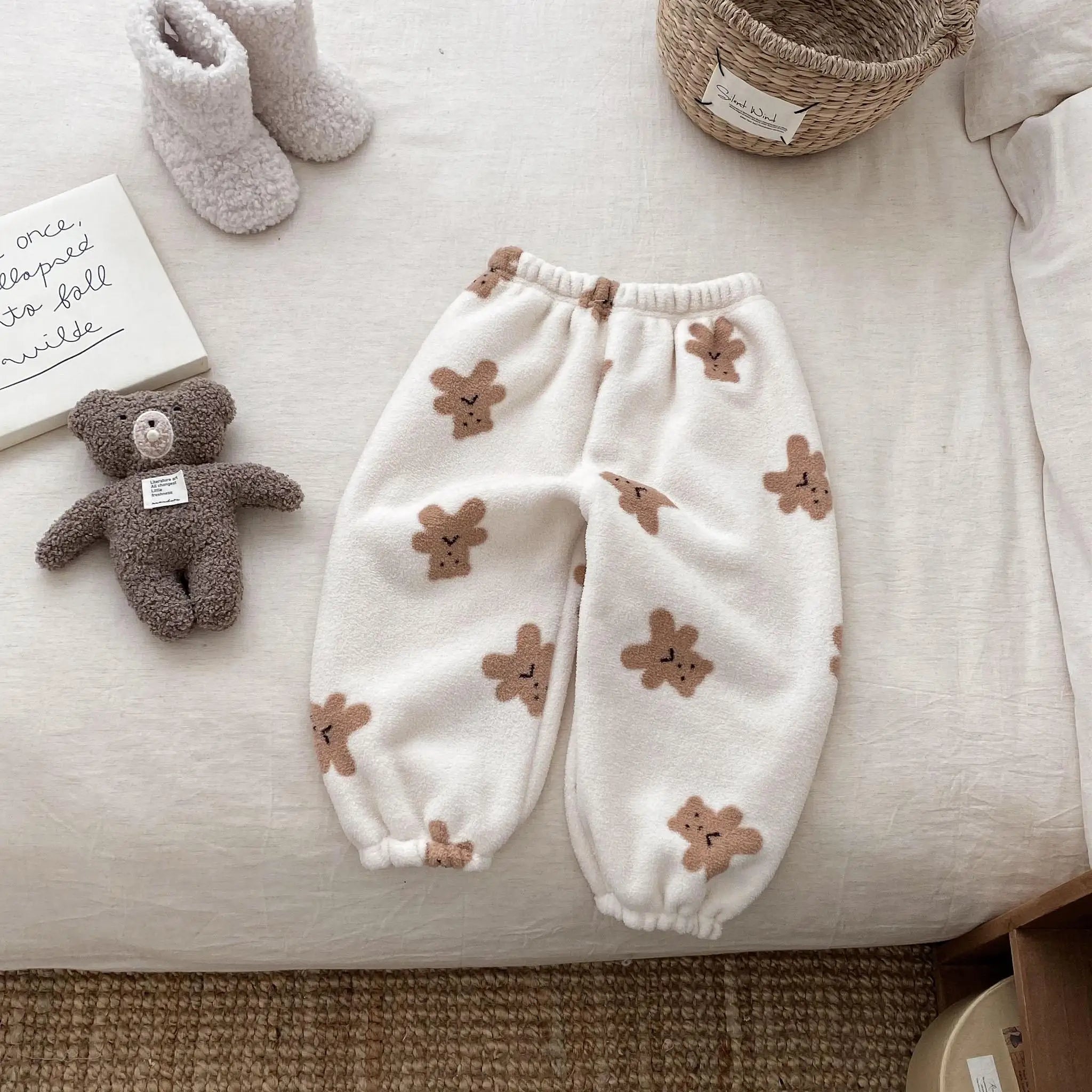 Cute Little Bear Plush Pants For Baby Boys Girls Pajamas Pants Cartoon Fashion Full Print Pants Home Wear Loose Casual Trousers