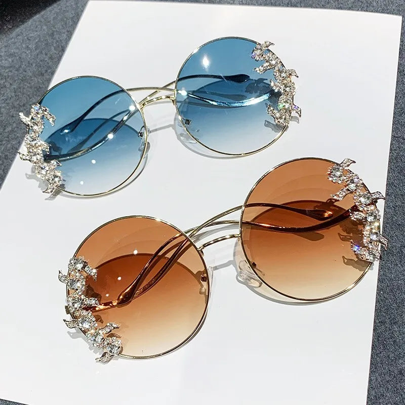 New Style Frameless Cut-edge Diamond Sunglasses With Wave Design, Temple Glasses, Fashionable Round Rhinestone Sunglasses
