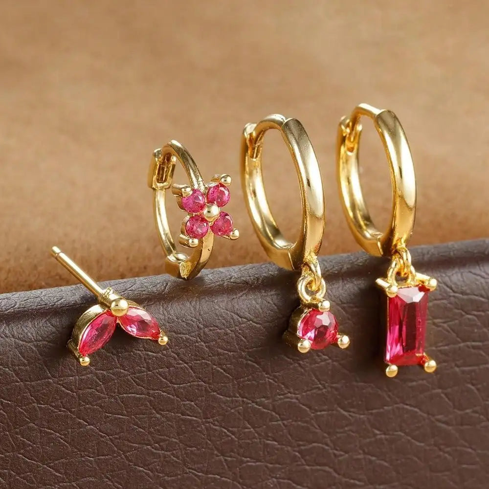 4pcs Fashion Cubic Zirconia Flower Hoop Earrings Set 18K Gold Plated Stainless Steel Stud Earring Piercing Jewelry aretes mujer