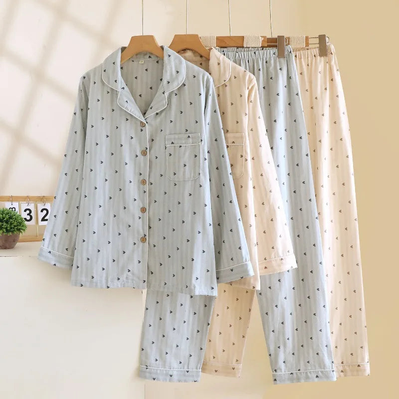 2025 Spring and Autumn Women's Pajama Set 100% Cotton Gauze Vertical Strip Love Long Sleeve Two piece Home Clothing Set