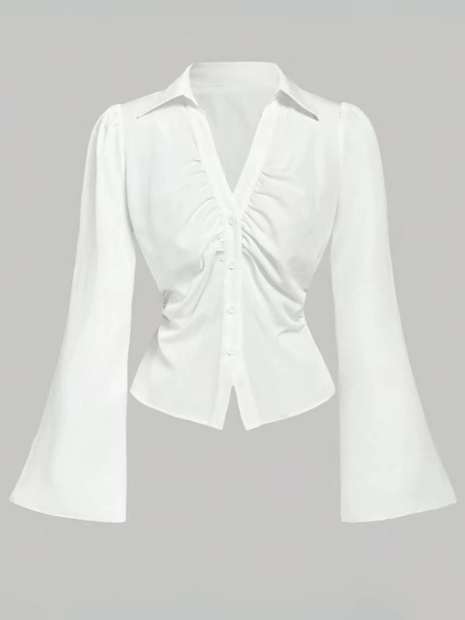 Women s Elegant Ruffle Sleeve Blouse Solid Color Lapel V-Neck Button Down Casual Shirt Spring Fall Fashion Tops