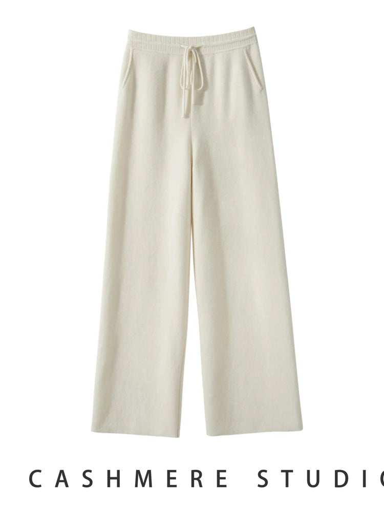 100% Cashmere High Waist Wide Leg Pants For Women Winter Thick Warm Solid Trousers Belt Casual Basic Pants Korean Popular Tops