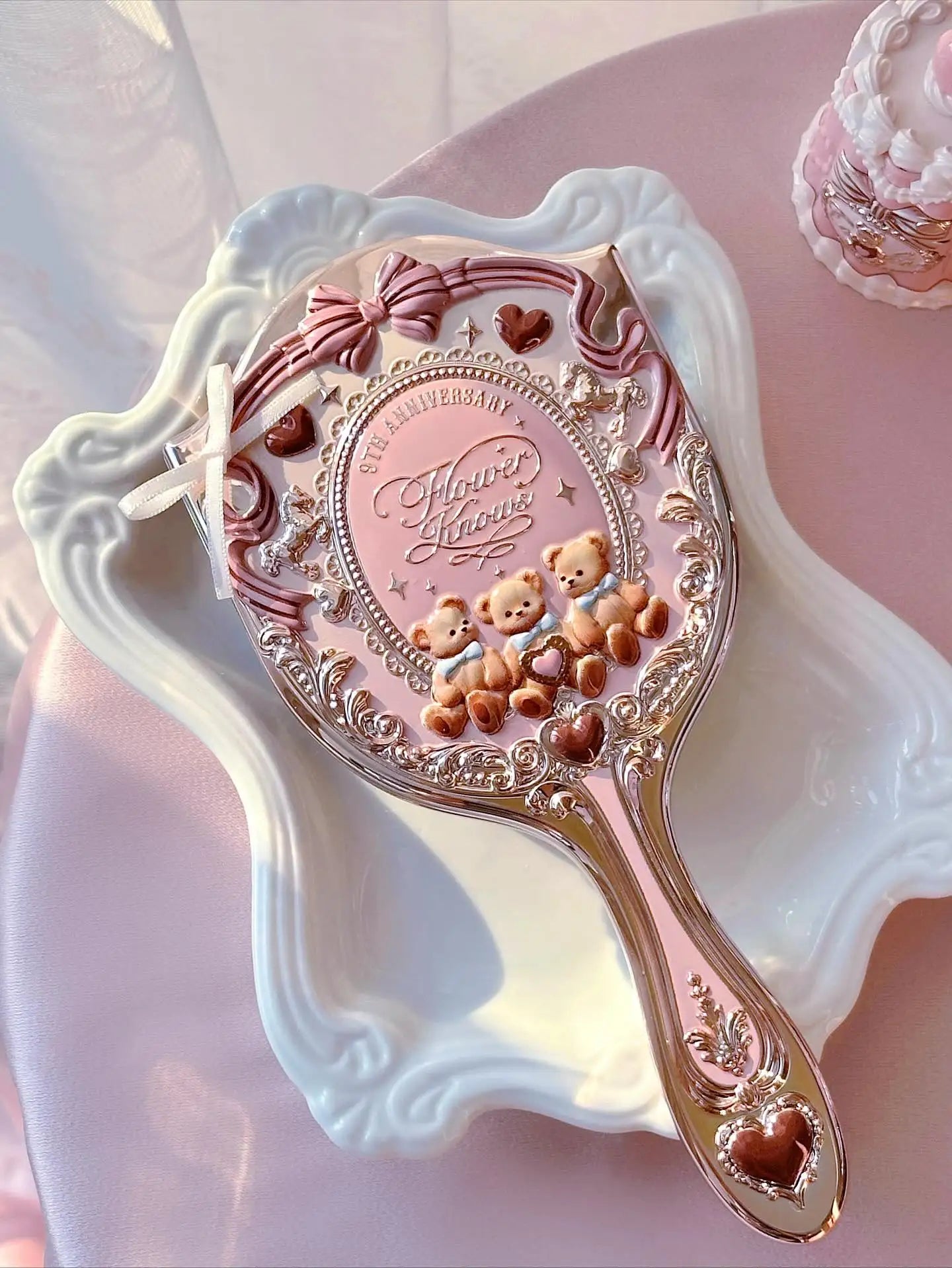 Flower Knows 9th Anniversary Limited Edition Luxury Vanity Mirror with Paddle Hair Brush And Brush Holder Set for Makeup Desk