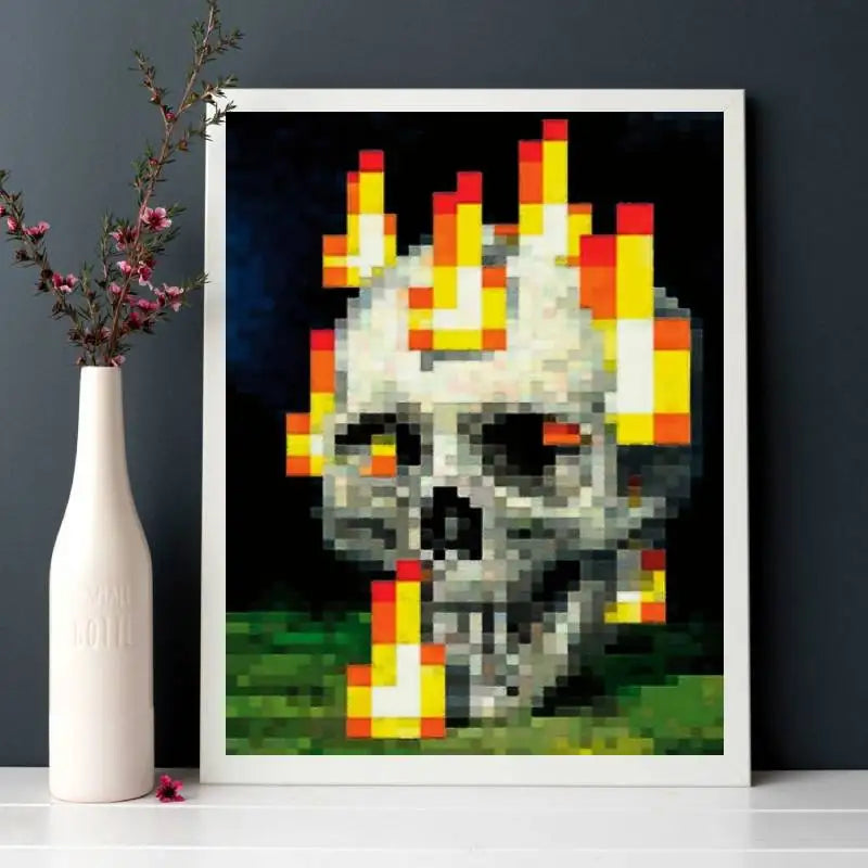 1pcs Vibrant Pixel Skull & Flames Canvas Poster - Unframed Art Print for Bedroom, Office, Living Room Decor, Skull Decor