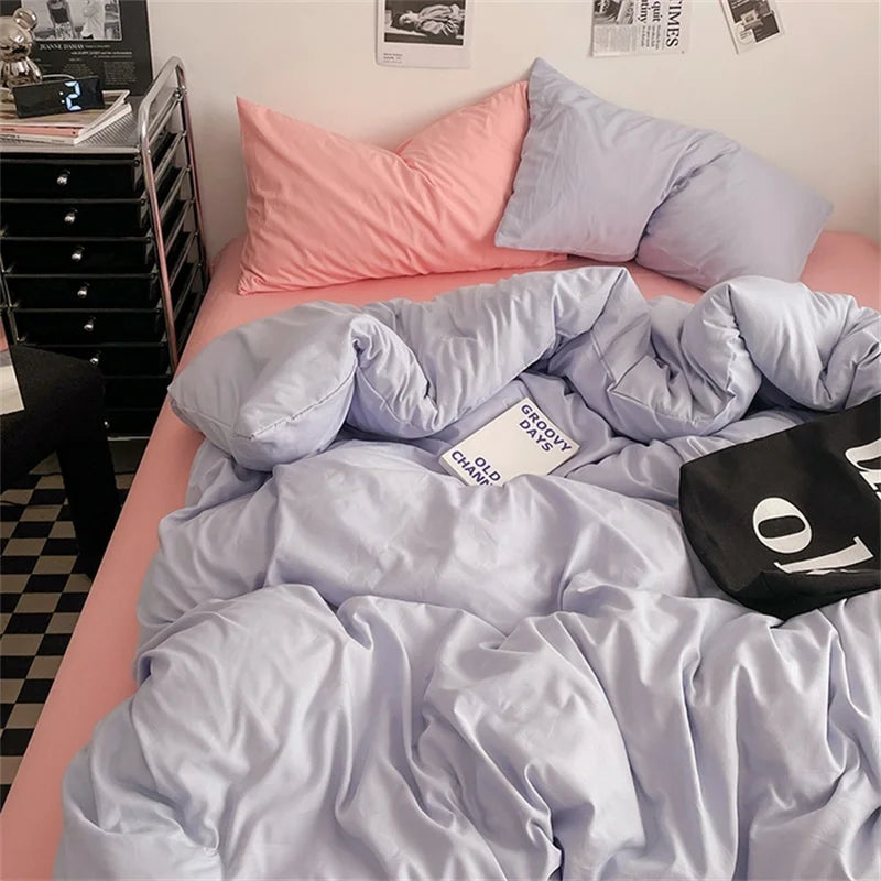 100% Cotton Bed Linen Bedding Set Washed Cotton Four Pieces Bed Sheet Set Comforter Sets Dolid Double Couple Bed Quilt Cover