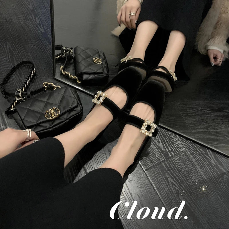Shoes for Women Autumn New Style Square Head Rhinestone Square Buckle Flat Bottom Mary Jane Single Shoes Women Zapatos De Mujer
