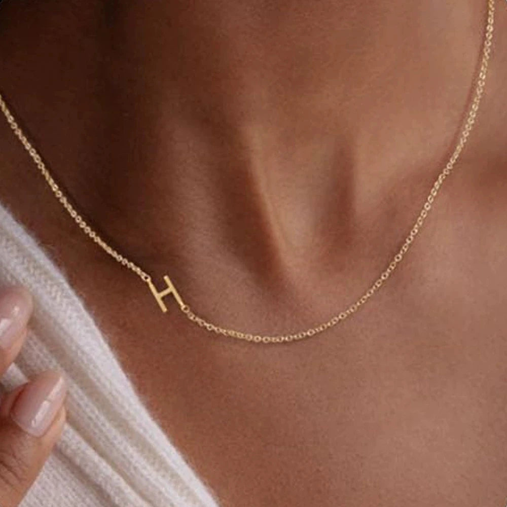 Sideways English Letter Initial Necklace 18K Gold Plated Stainless Steel Necklace Minimalist Initial Pendant Necklace for Women