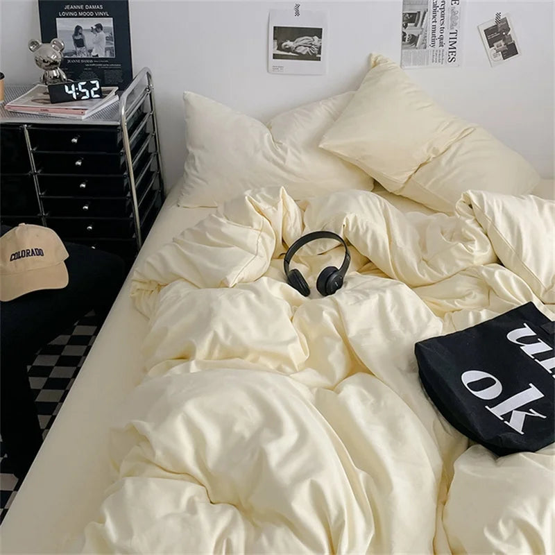 100% Cotton Bed Linen Bedding Set Washed Cotton Four Pieces Bed Sheet Set Comforter Sets Dolid Double Couple Bed Quilt Cover