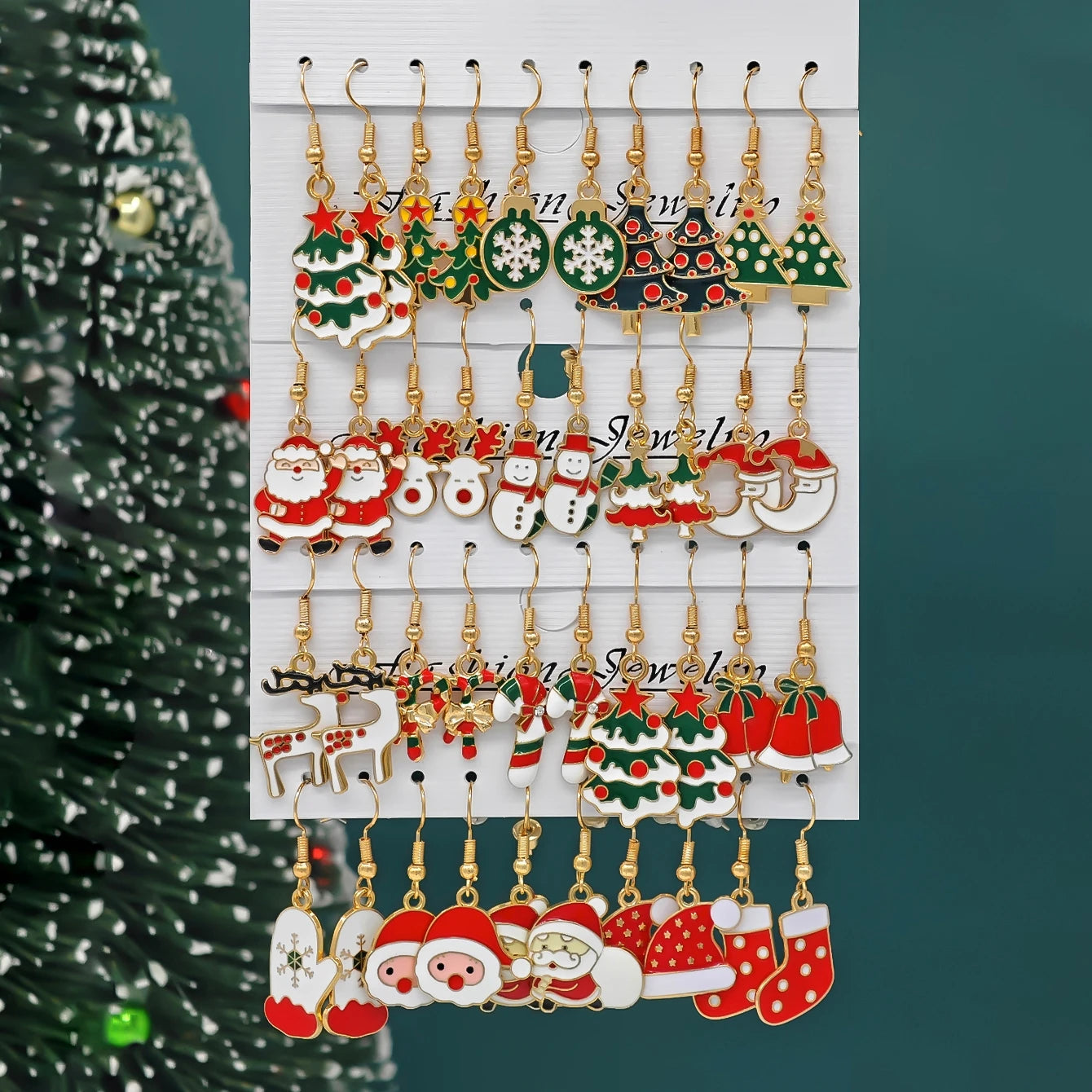 10/40pcs New Christmas Set Cross border Hot Selling Cartoon Dripping Oil Elk Santa Claus Christmas Tree Earrings for Women