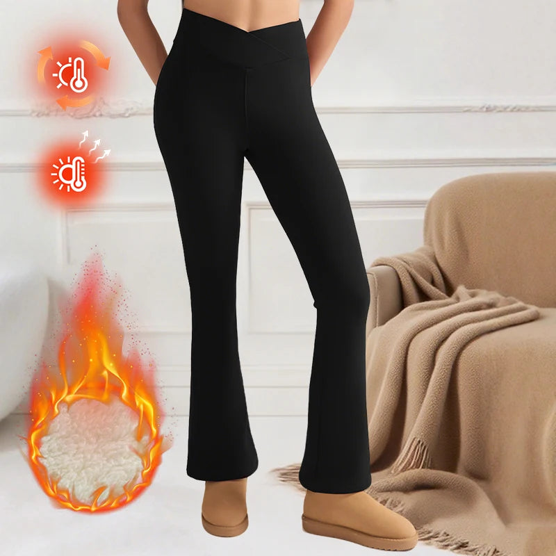 Women's Fleece-Lined Flare Pant Cross-Waist Design Thickened Winter Warm High-Waisted Tummy Control Lifting Leggings Casual Wear
