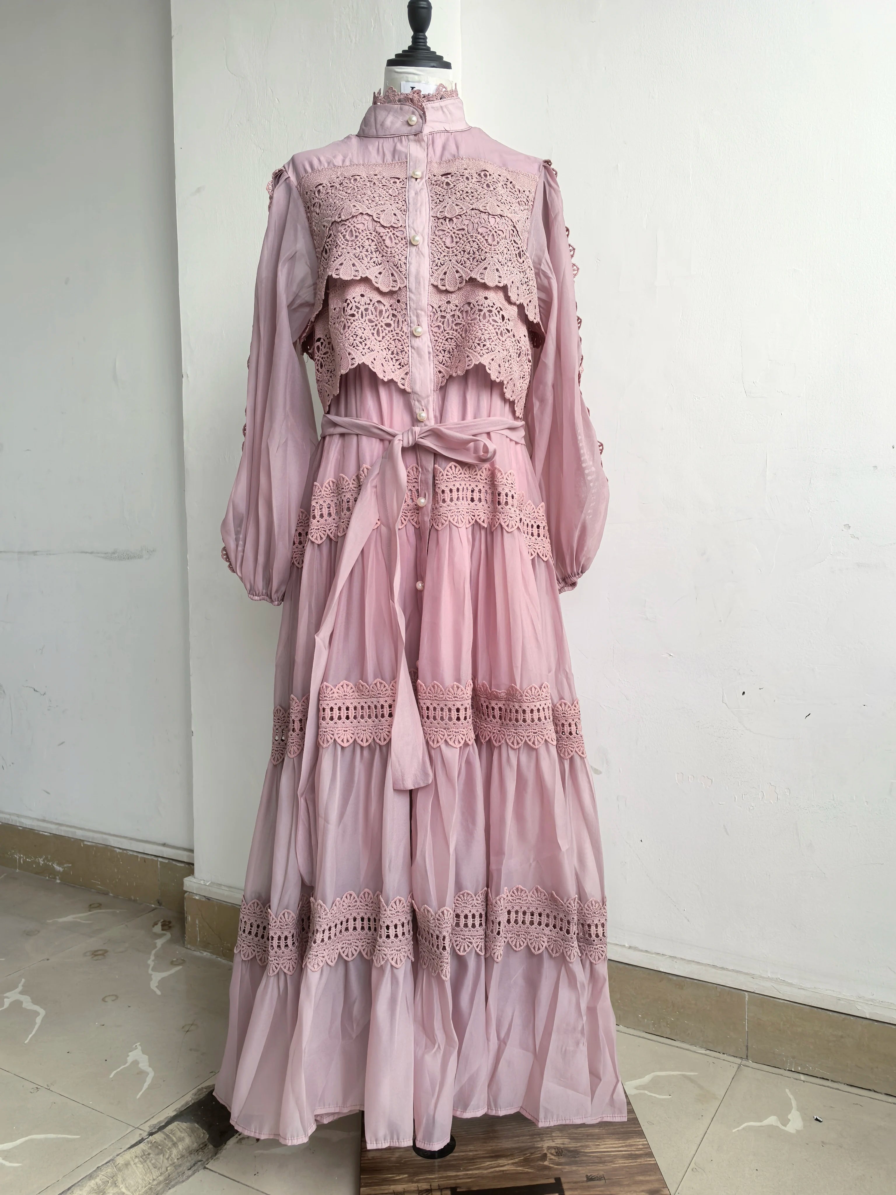 Elegant Hollow Out Organza Long Maxi Dresses Shirt Women Spring Summer Layer Ruffle Full Sleeve Pearl Evening Party Vestidos