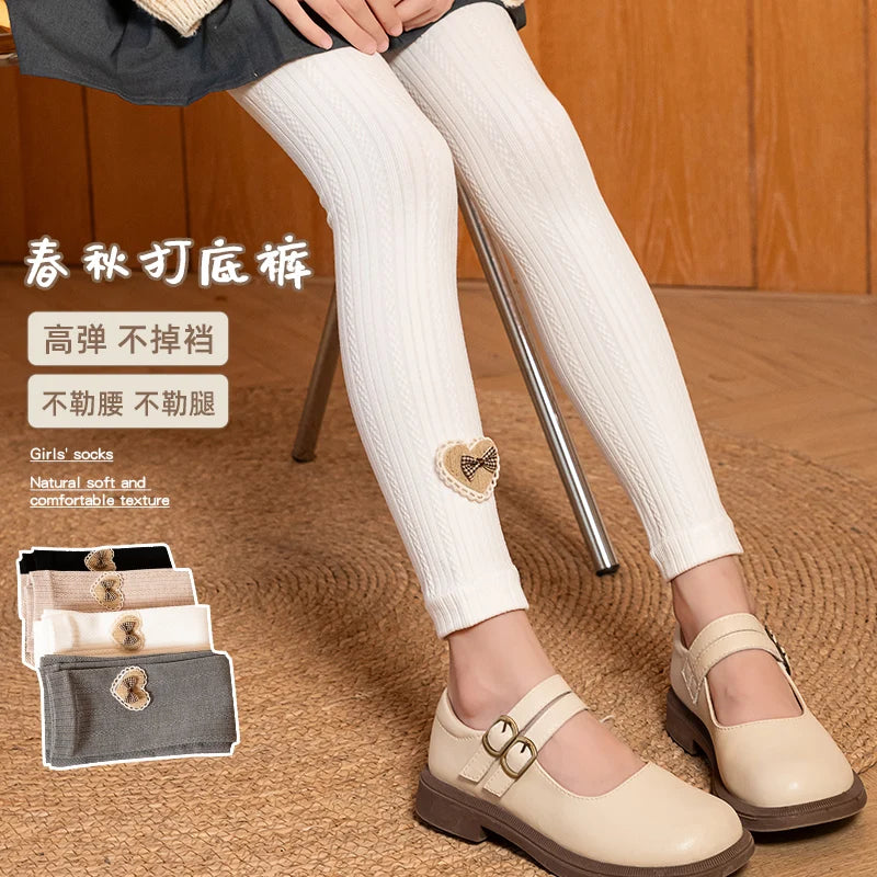 Princess Girl Wavy Cable Knit Cropped Pants With Side Love Bow Heart Lace Trim Tight Soft Comfortable Student Baby Kids Leggings