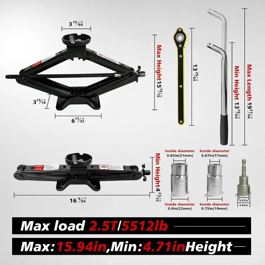 Portable Car Scissor Jack for Tesla Model Y Model 3 S X Tire Changing Kit with 5512 LBS 2.5 Ton Black Scissor Jack Socket Drill