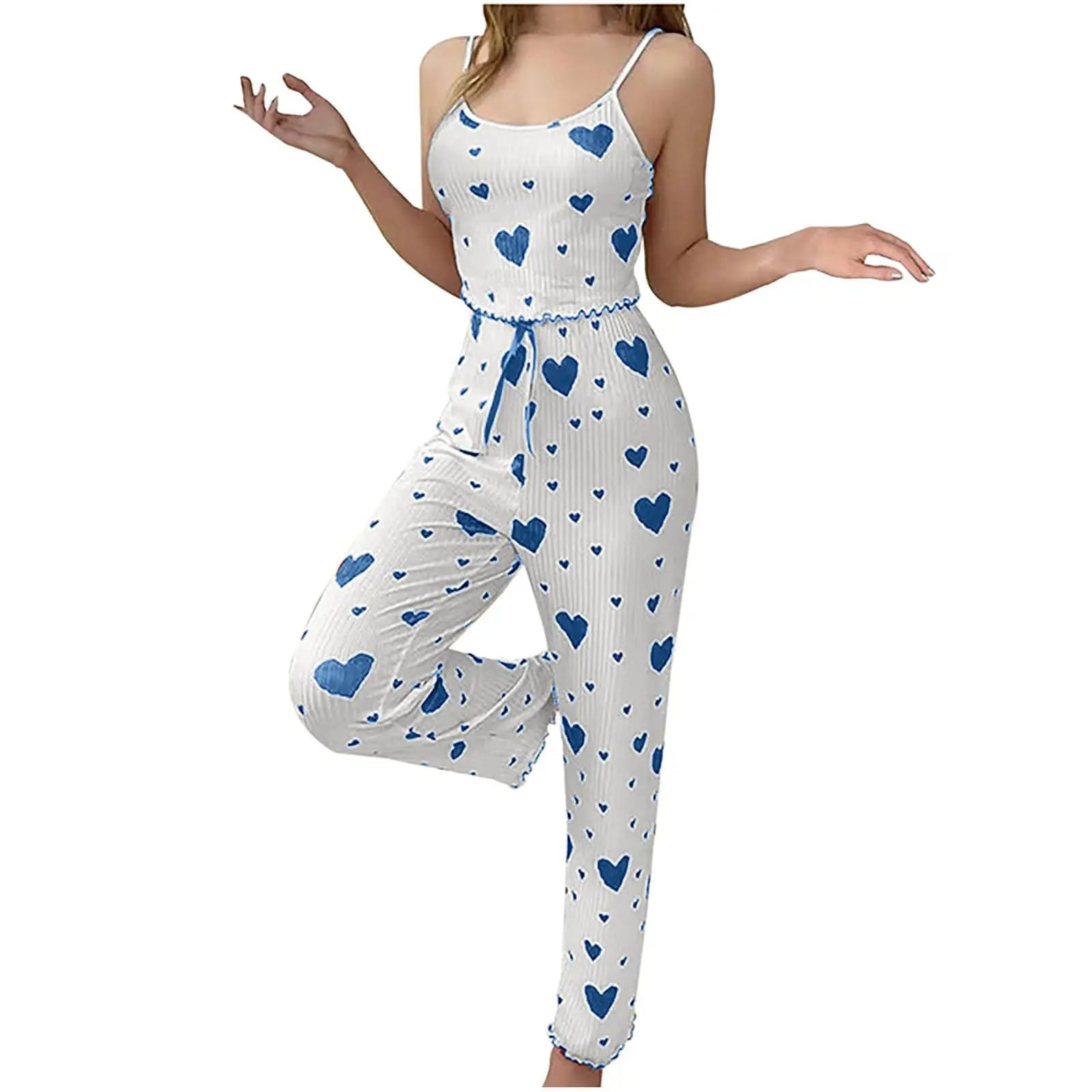 Plus Size Women Pajamas Set 2 Piece Sleeveless Vest and Trousers White Soft Breathable Sleepwear Casual Red Heart Print