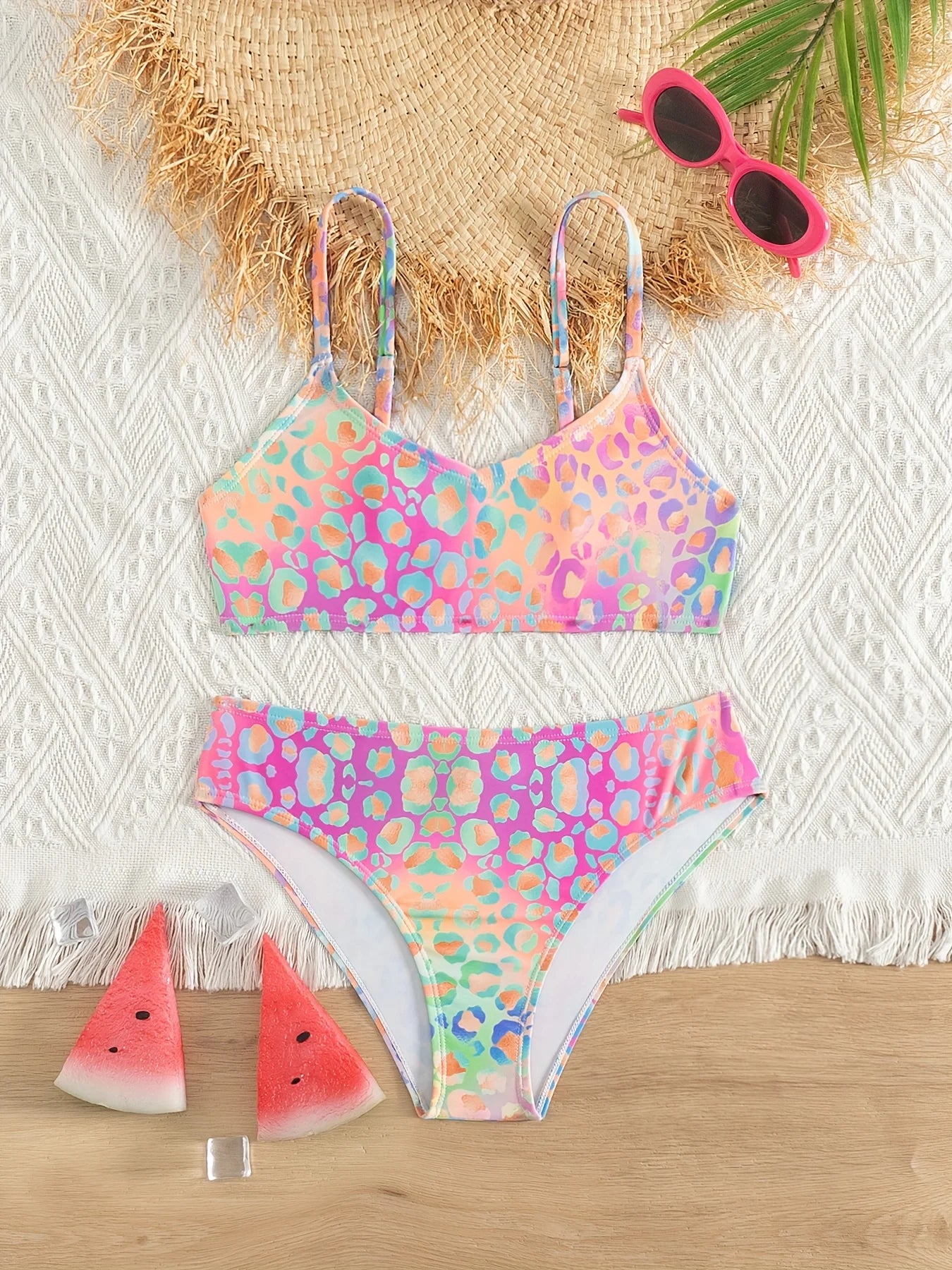 Bright Leopard Print Bikini Swimsuit for Teen Girls Summer Beachwear Two Piece Swimwear