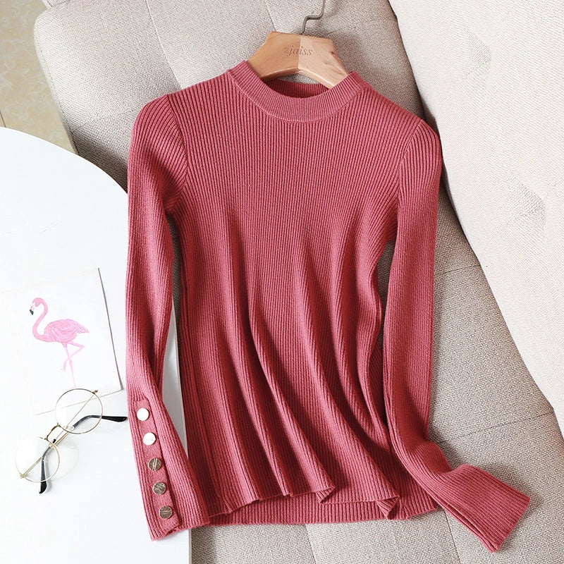 2025 Autumn Winter Casual Women Sweater Pullovers Button Long Sleeve O-neck Chic Sweater Female Slim Knitted Soft Jumper Tops