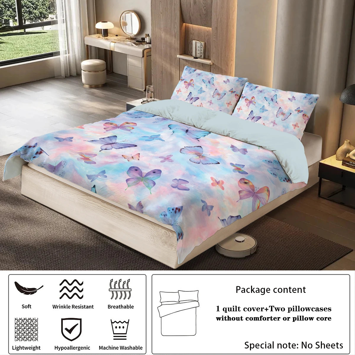 3pcs watercolor purple butterfly printed bedding set, soft and comfortable, for women bedroom, queen, king and twin bed