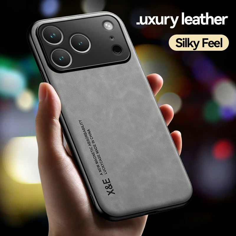 Luxury Leather Case For iPhone 17 16 15 14 13 12 11 Pro Max Plus 13 12 Mini 17 Air 16E Cover With Metal Plate Support Car Hold