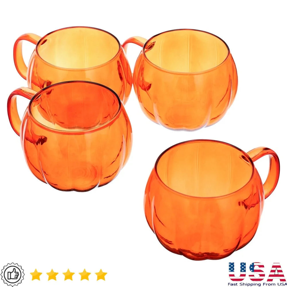 Pumpkin Shape Borosilicate Glass Mug Set 4 Pack Stylish Drinkware Handle Durable Vertical Stripes Perfect Cold Drinks