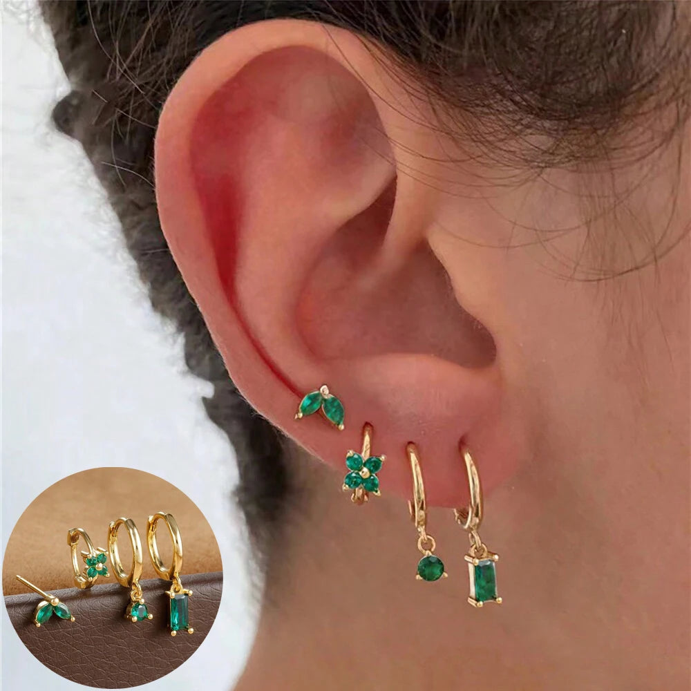 4pcs Fashion Cubic Zirconia Flower Hoop Earrings Set 18K Gold Plated Stainless Steel Stud Earring Piercing Jewelry aretes mujer