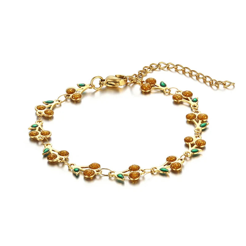 Stainless Steel Charm Cherry Bracelet for Women Bohemian Colorful Fruit Metal Chain Bracelets Girl Party Holiday Wrist Jewelry