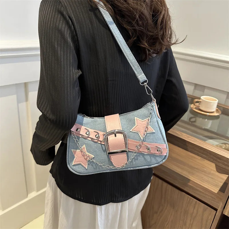 Y2k Hot Girls Denim Shoulder Bags Retro Rivet Star Women's Underarm Bag Portable Female Chain Armpit Bag Small Purse Handbags