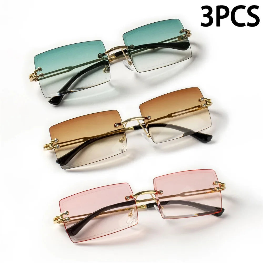 3PCS Fashion Rimless Sunglasses Women Trendy Small Rectangle Sun Glasses  Summer Traveling Style Brown Shades for men
