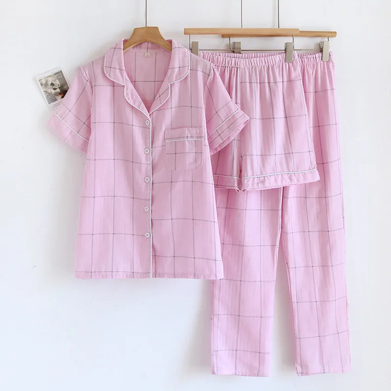 2025 New Summer Women's Pajama Set 100% Cotton Gauze Thin Short Sleeve+Shorts+Pants Simple Checkered Home Furnishing Set