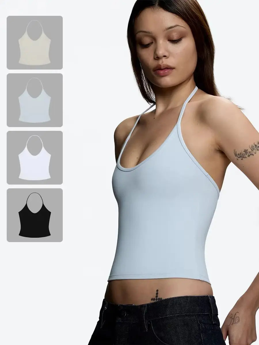 Tank Baby Blue Thin Strap Halter Small U-Neck Vest White Sexy Women's Summer Short Top