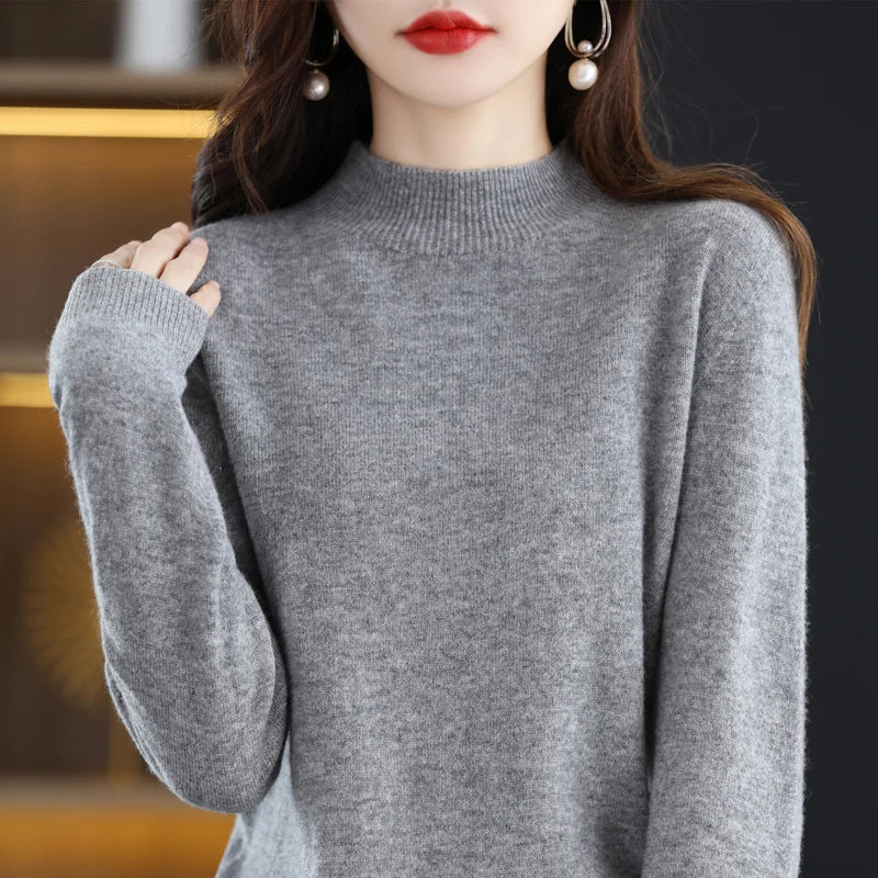 New Fashion Autumn And Winter Pure Wool Sweater Top Women's Semi-Turtleneck Solid Color Long-Sleeved Fashion Pullover Sweater101