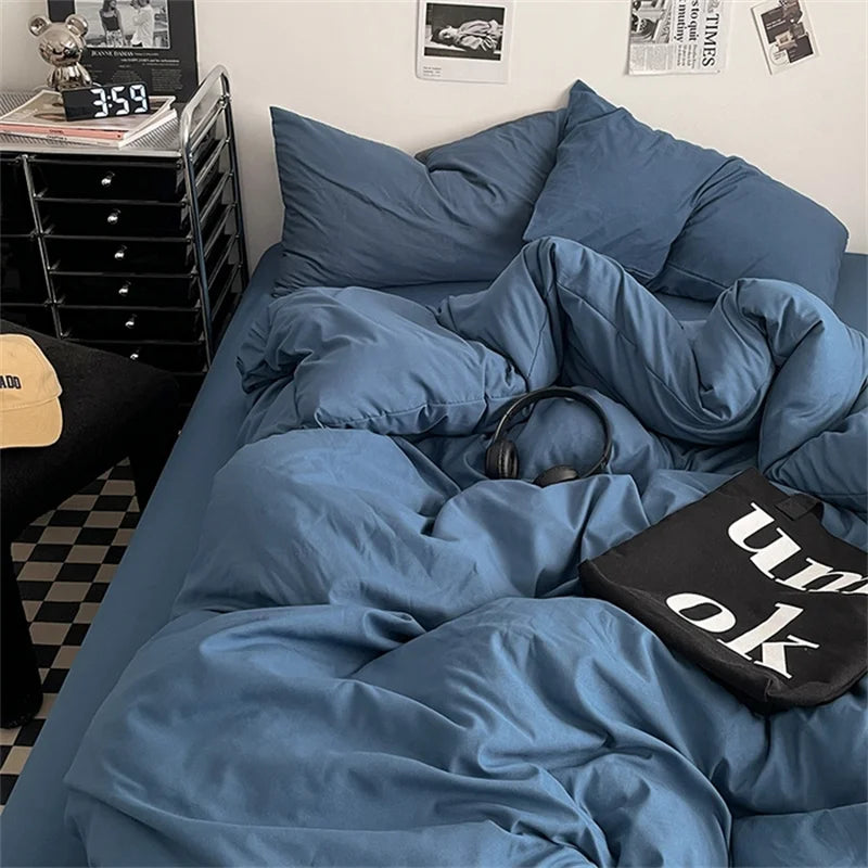 100% Cotton Bed Linen Bedding Set Washed Cotton Four Pieces Bed Sheet Set Comforter Sets Dolid Double Couple Bed Quilt Cover