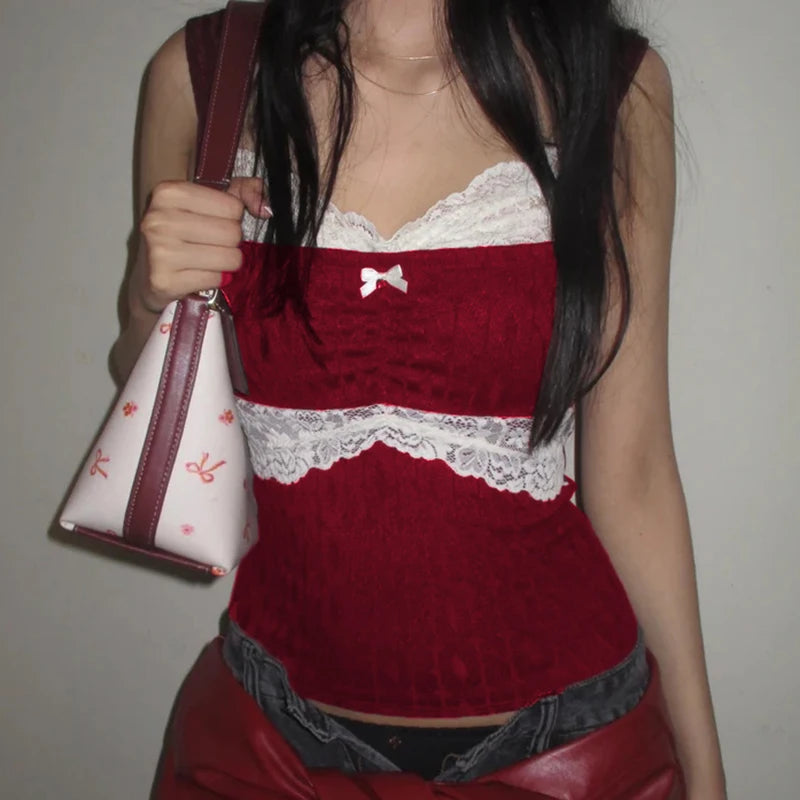 90s Vintage Cutest Lace Trim Camis Women Aesthetic Grunge Slim Fit Milkmaid Vest 00s Retro Y2k Cottage Crop Top Coquette Clothes