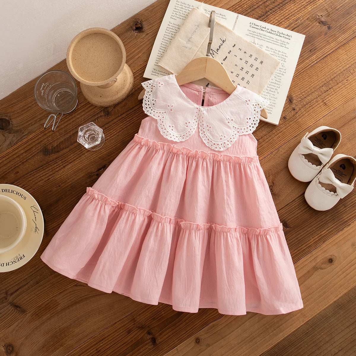 Summer New Solid Color Lace Trim Doll Neck Gentle Baby Dresses Cute Casual Baby Girl's Girl Princess Dresses